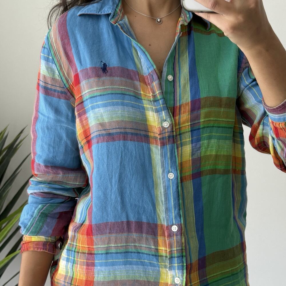 Polo Ralph Lauren Shirt Womens Small Plaid 100% Linen Button Up Long Sleeve - Picture 12 of 16
